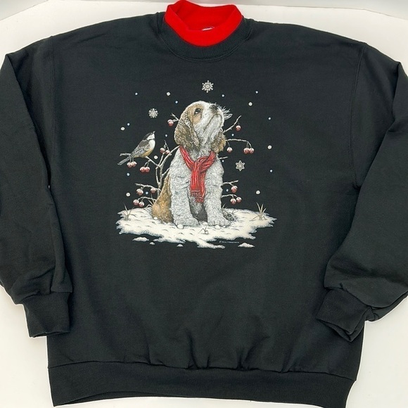 Jerzees Puppy Bird Snowflakes Winter Scene Sweatshirt Mock Neck Large Black Cozy - Picture 2 of 15